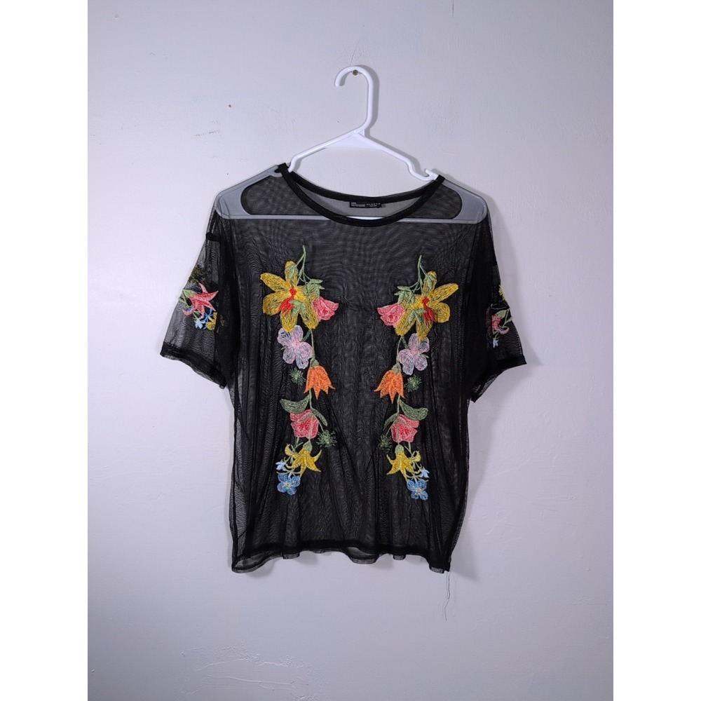 Zara Black Floral Embroidered Mesh Sheer Blouseโ Flared Short Sleeve Medium